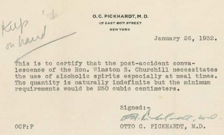 doctor's note given to winston churchill to drink unlimited alcohol